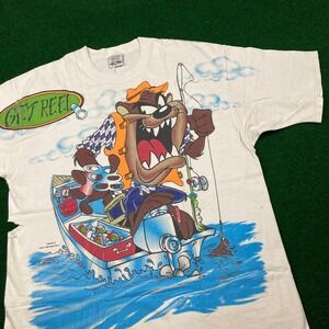 Vintage‎ Tasmanian Devil Shirt Mens XL White 1997 Taz Fishing Get Reel AOP 90s
